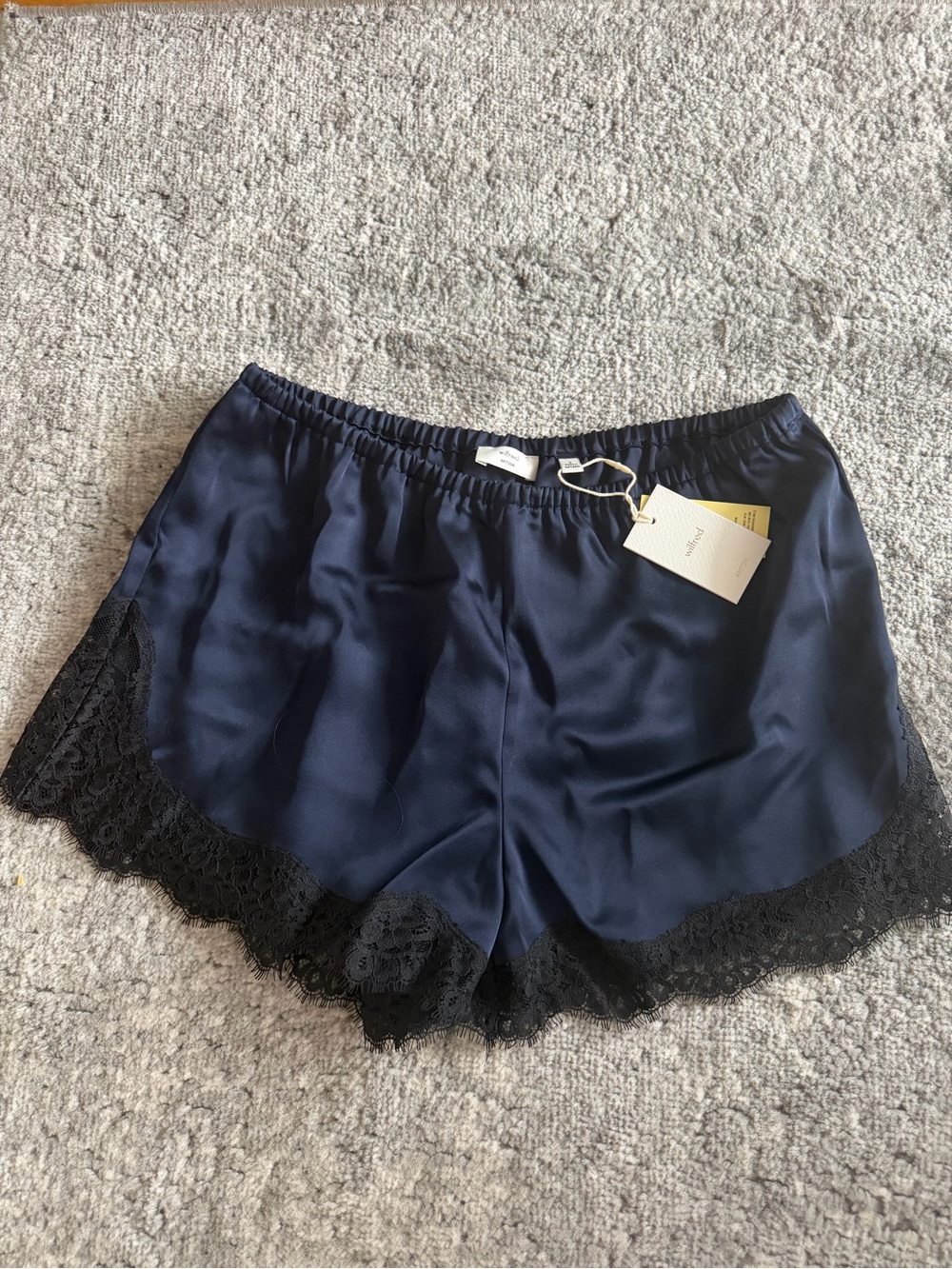 Aritzia Navy Satin Shorts with Black Lace Trim